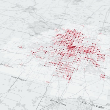 U-Discovery visualization of red spatial flows across the Twin Cities